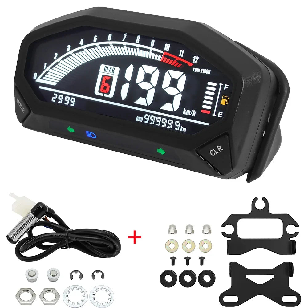Motorcycle New Adjustable Speedometer 12000 RPM Display Motor Odemeter Tachometer Fuel Level Gauge Dashboard for 1 2 4 Cylinder