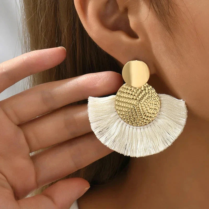 Bohemian Tassel Earrings – White Fringe Dangle Statement Jewelry for Women