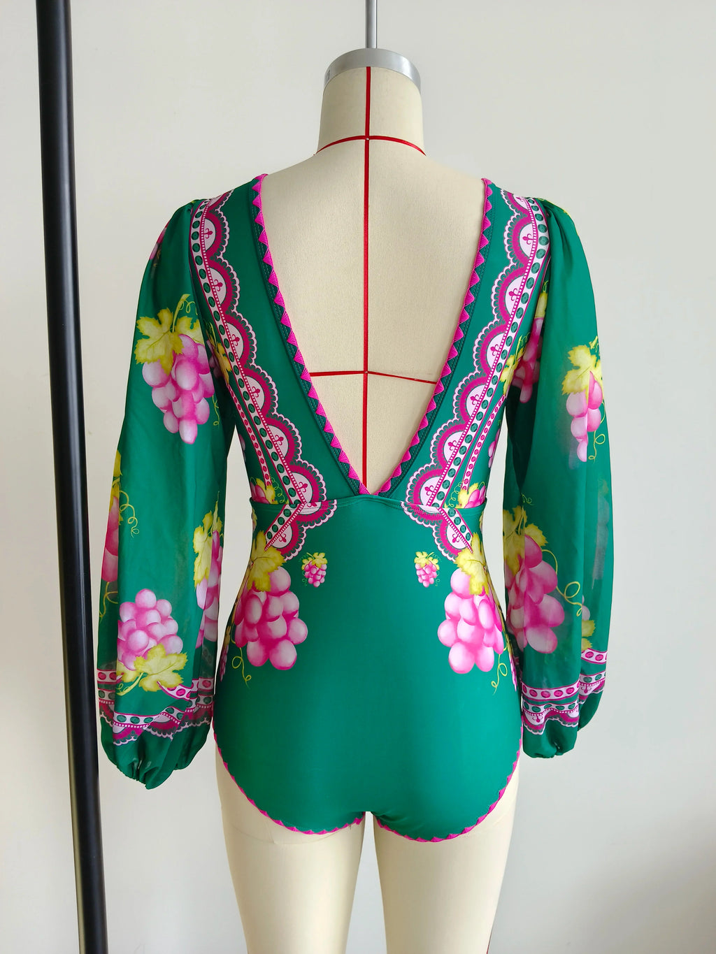 Swimwear 2PC Cover-up Swimsuit Ruffle Printed Deep V One-piece Kimono Bikini Suit