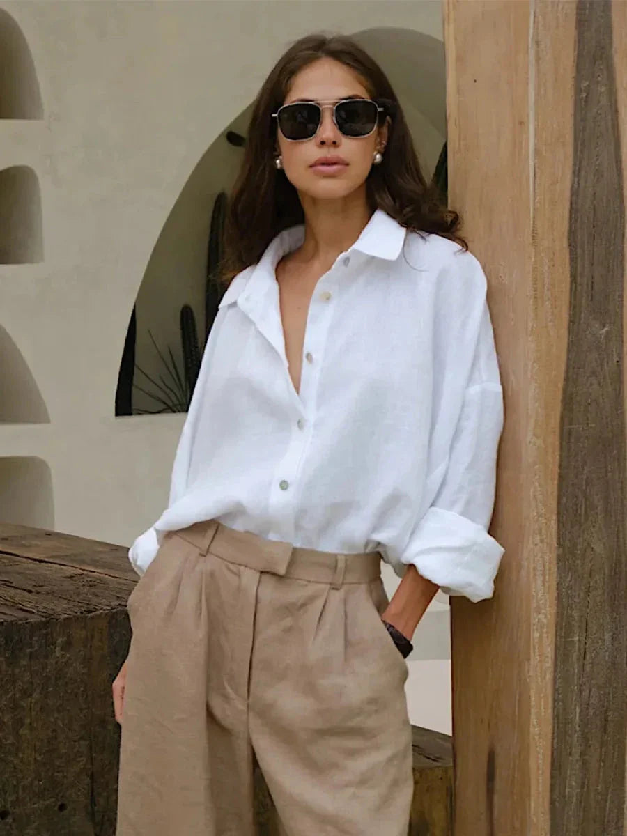 Women’s 100% Cotton Casual Shirt – Spring Summer Loose Fit Button-Down Cardigan Blouse, Solid Color Lightweight Top