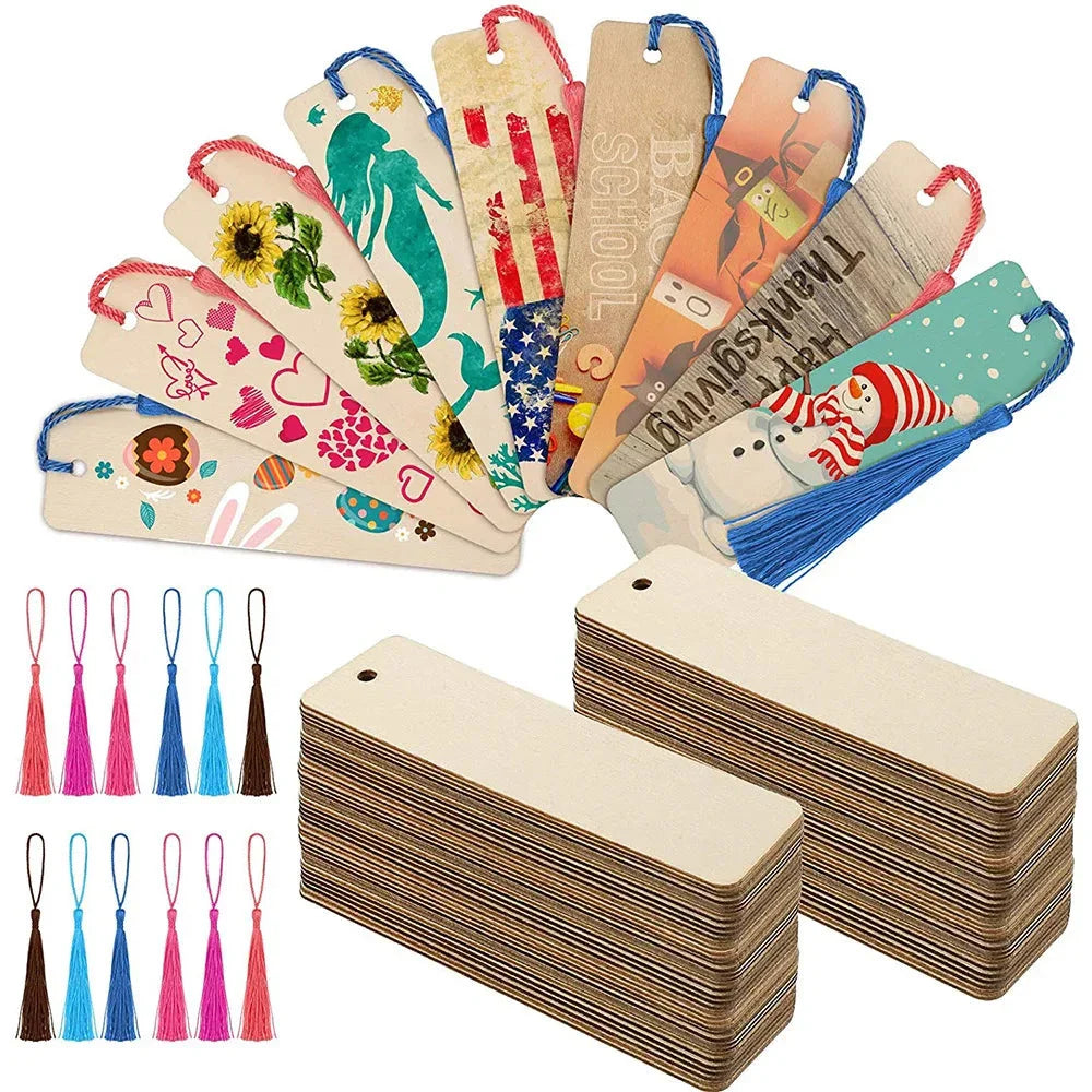Wooden Bookmarks with Tassel Ropes - 10/20/60Pcs DIY Hanging Labels