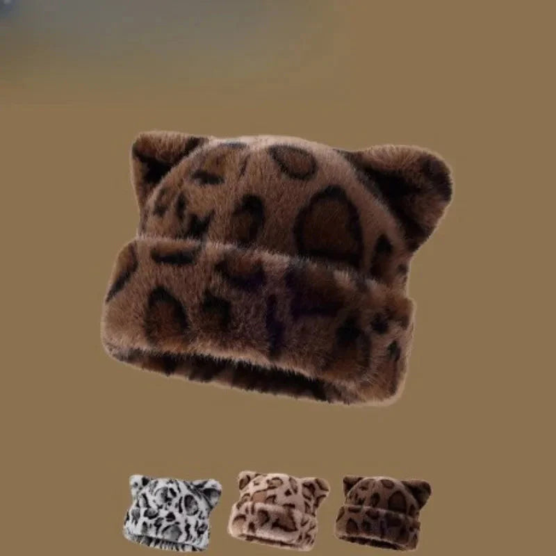 Leopard print plush teddy bear hat for women, sweet and cute, thick and warm, retro and versatile, hooded beanie.