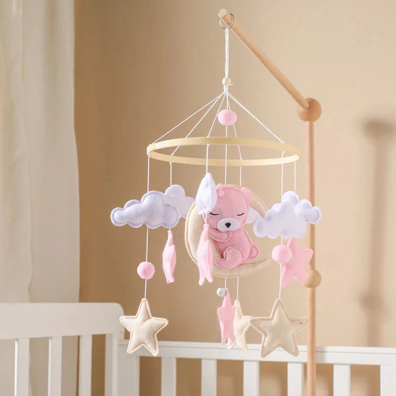 Crib Mobile Rattle Wooden Baby Bell with Felt Cartoon Bear Toys