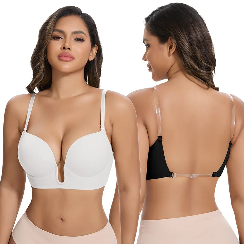 Women's Deep U Bra Transparent Strap X-Line Bralette Invisible Invisible Underwear High Stretch Push Up Gathered Lingerie
