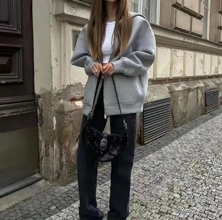 Women’s Oversized Zip-Up Hoodie – Thick Space Cotton Streetwear Hooded Jacket for Spring & Autumn Casual Style