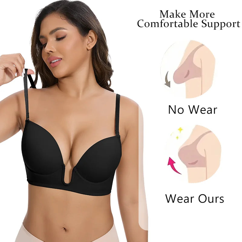 Women's Deep U Bra Transparent Strap X-Line Bralette Invisible Invisible Underwear High Stretch Push Up Gathered Lingerie