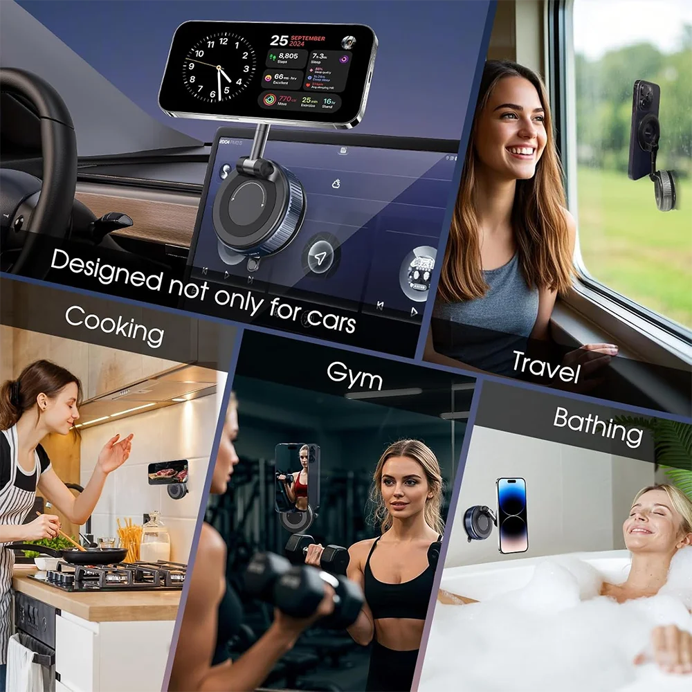 360° Foldable Vacuum Magnetic Phone Holder, Magnetic Car Phone Mount, Hands-Free Suction Cup Phone Holder for Smooth Surface