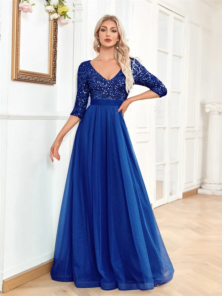Luxury Floor Length V-Neck Evening Dress Party Maxi Dress Sequin Short Sleeves Prom Cocktail Gown