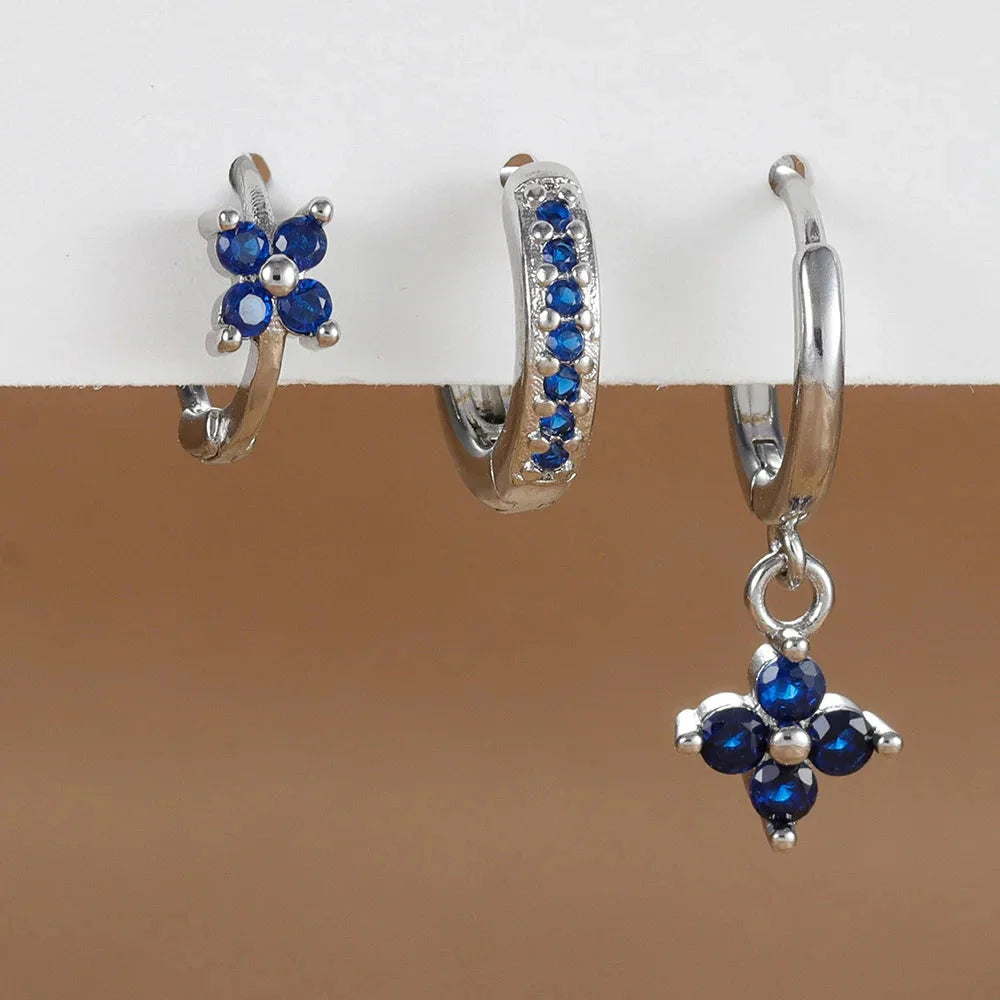 3PCS Zircon Flower Dangle Earrings – Orange & Blue Stainless Steel Set