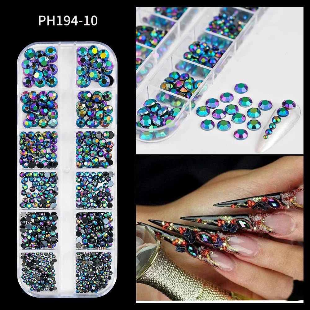 12 Grids Mixed Nail Rhinestones - SS6-SS30 Flat-Back Glass Gems for Nail Art