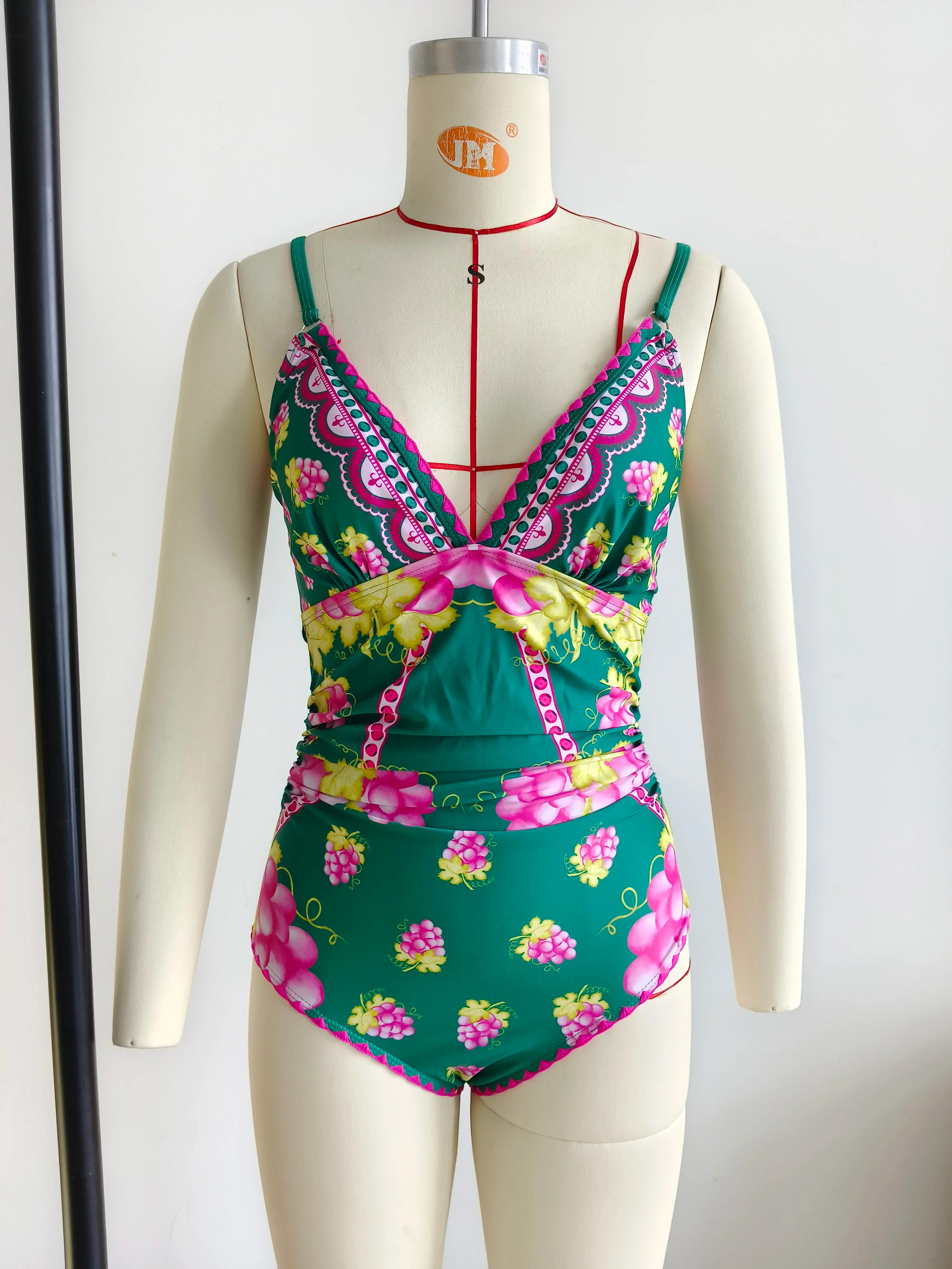Swimwear 2PC Cover-up Swimsuit Ruffle Printed Deep V One-piece Kimono Bikini Suit