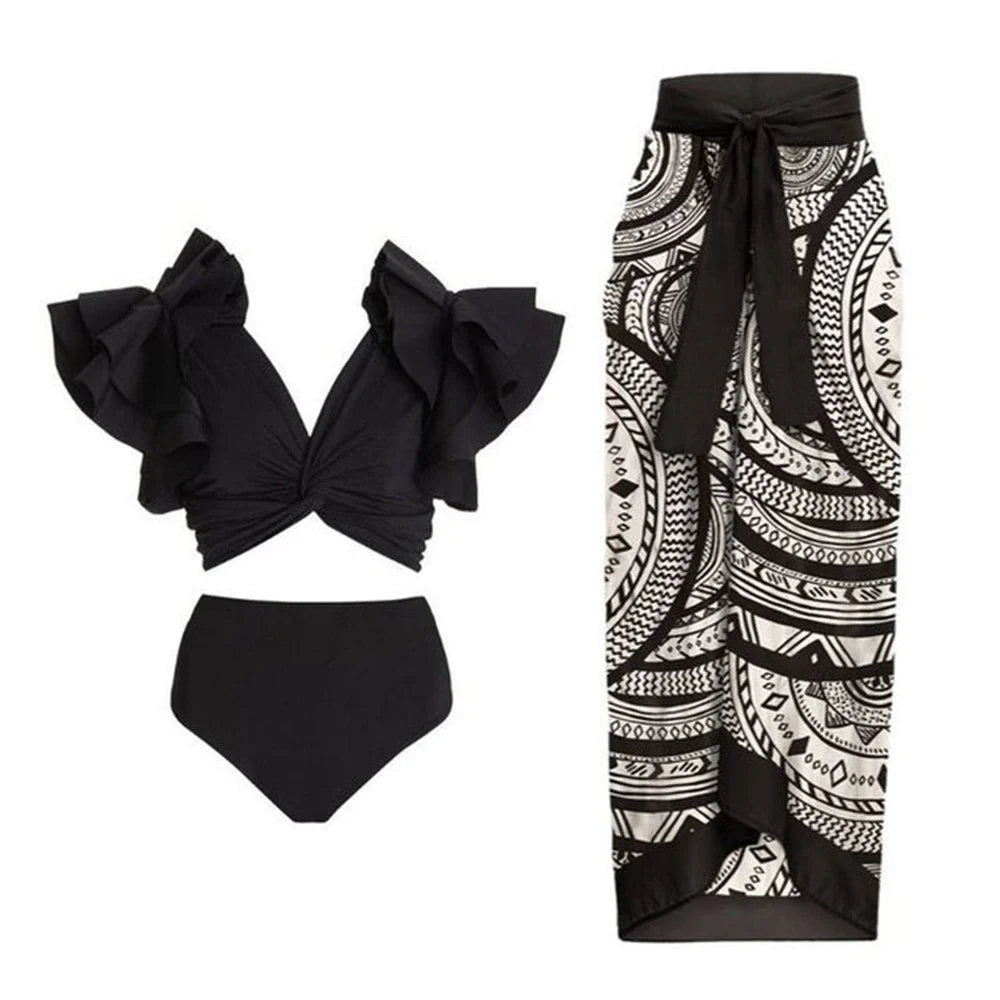 2-Piece Women Brazilian Floral Printed Ruffle Bikinis Strappy Bandage Swimwear