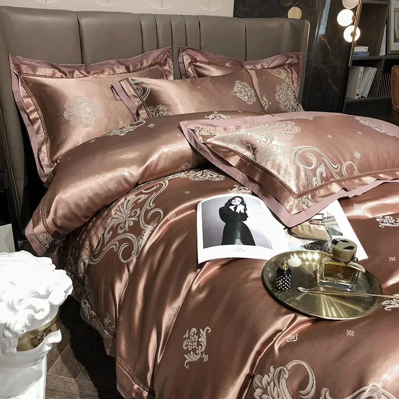 Soft Satin Jacquard Cotton Bedding Set, Luxury Duvet Cover, Blue, Gold, Gray, Queen, King Bed Sheet, Pillowcases, Home Textiles