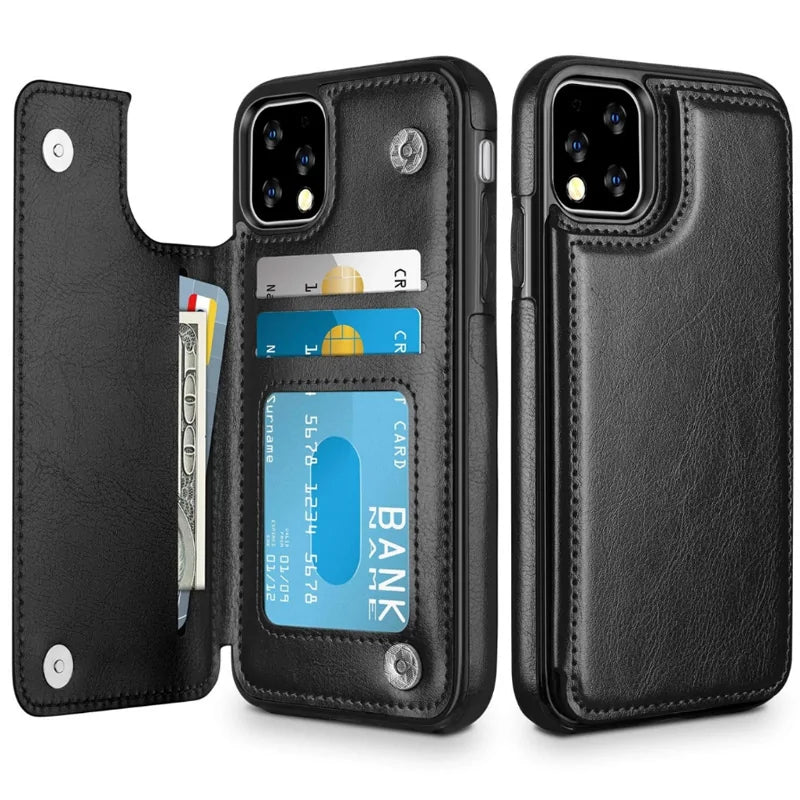 Leather Wallet Case for iPhone - Flip Cover with Card Slots & Kickstand
