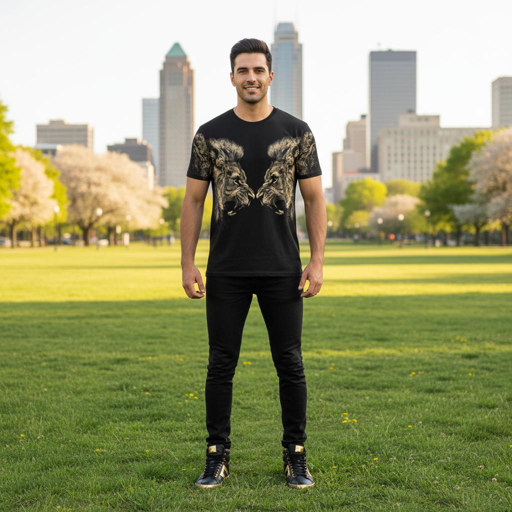 Urban Safari Men's Lion T-Shirt - 3D Printed Animal Graphic Tee, Gold/Black Streetwear, Short Sleeve Crew