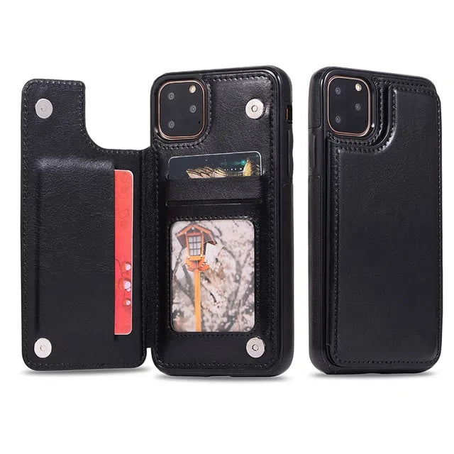 Leather Wallet Case for iPhone - Flip Cover with Card Slots & Kickstand