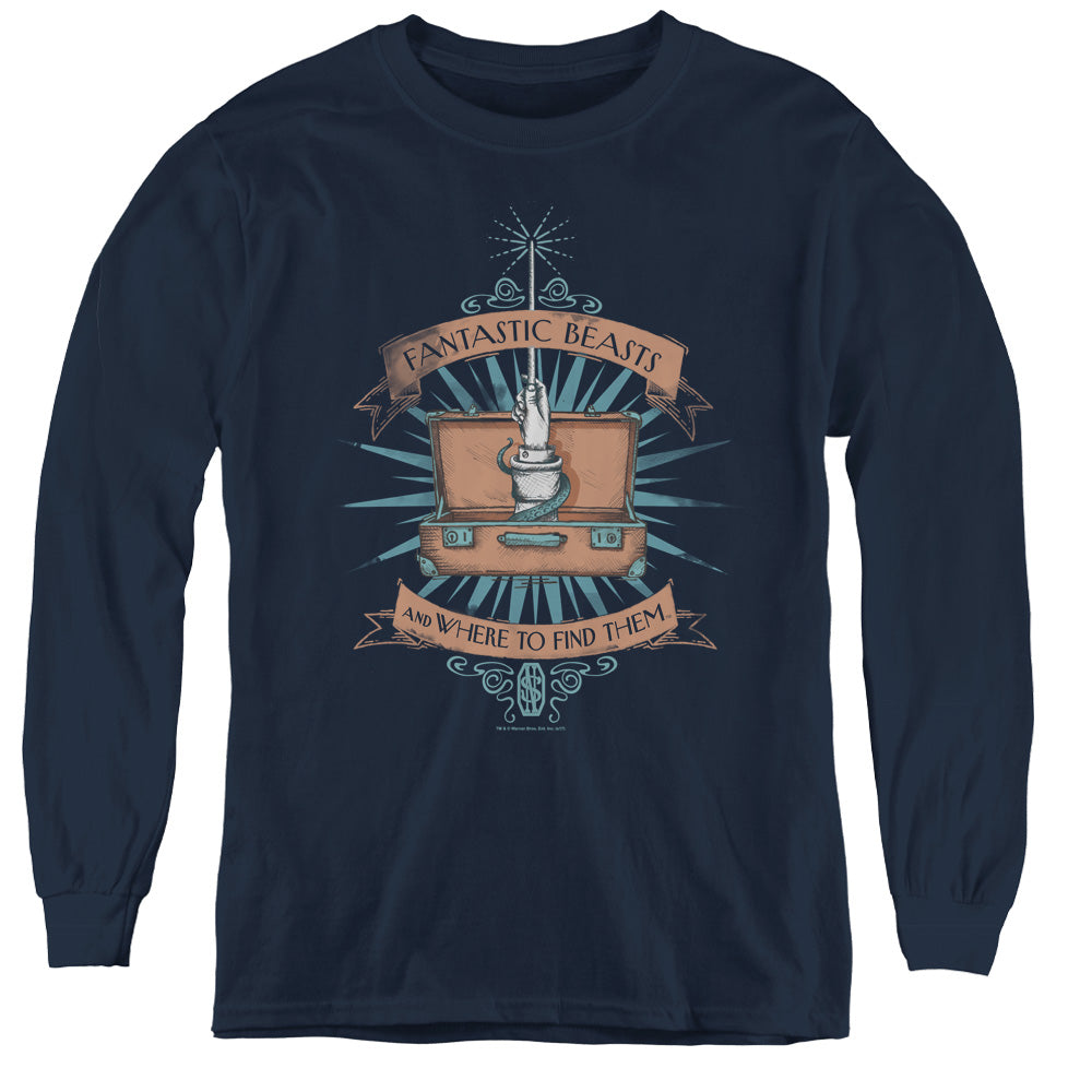 Fantastic Beasts Briefcase Long Sleeve Kids Youth T Shirt Navy Blue Officially Licensed