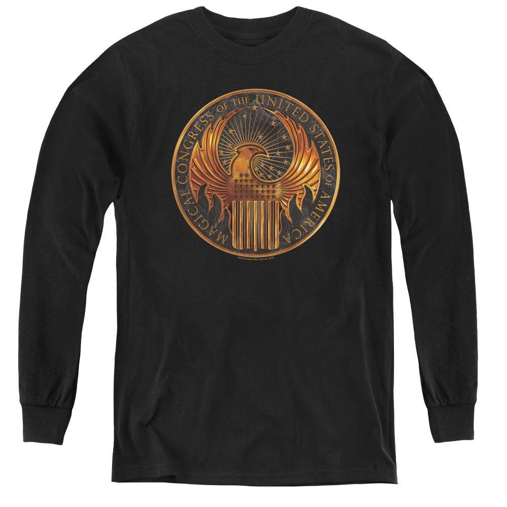 Fantastic Beasts Magical Congress Crest Long Sleeve Kids Youth T Shirt Black Officially Licensed