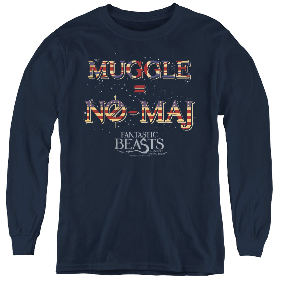 Fantastic Beasts Uk Us No Maj Long Sleeve Kids Youth T Shirt Navy Blue Officially Licensed
