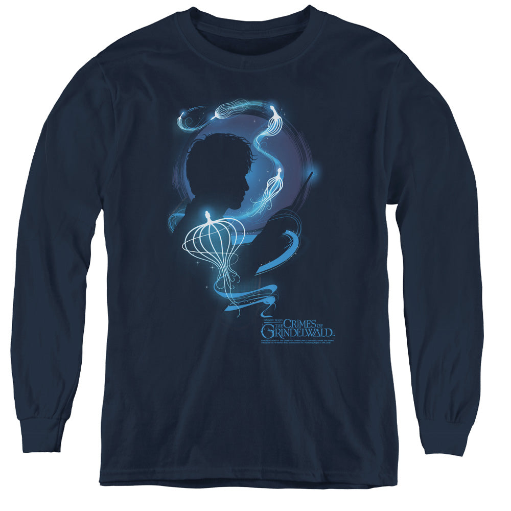 Fantastic Beasts 2 Newt Silhouette Long Sleeve Kids Youth T Shirt Navy Blue Officially Licensed