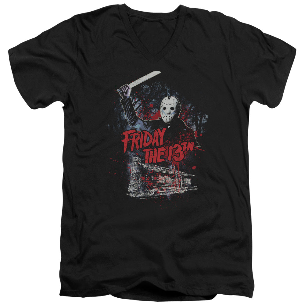 Friday The 13th Cabin Mens Slim Fit V-Neck T Shirt Black Officially Licensed
