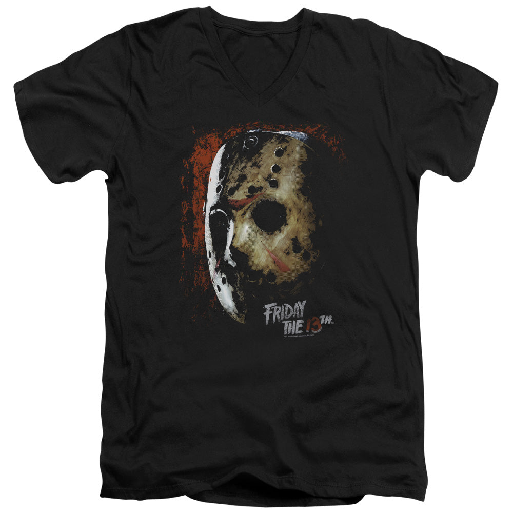 Friday The 13th Mask Of Death Mens Slim Fit V-Neck T Shirt Black Officially Licensed