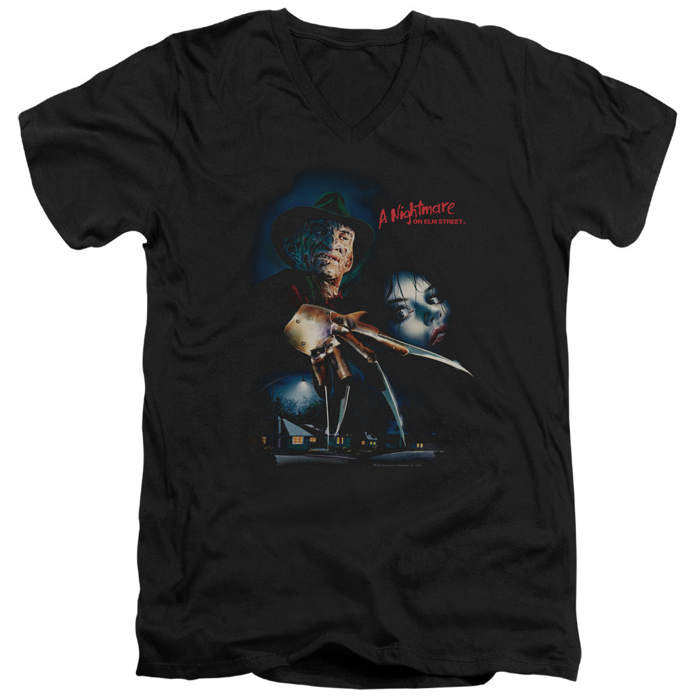 Nightmare On Elm Street Elm Street Poster Mens Slim Fit V-Neck T Shirt Black Officially Licensed