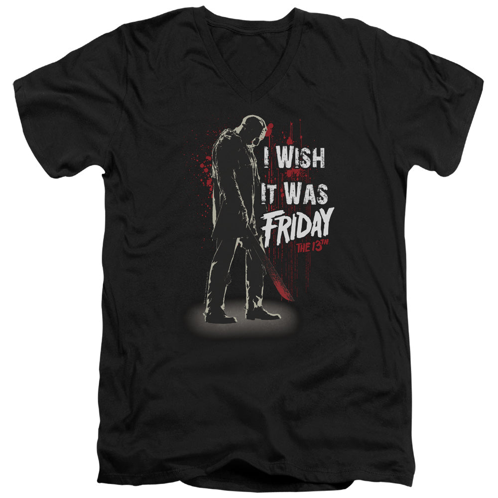 Friday The 13th I Wish It Was Friday Mens Slim Fit V-Neck T Shirt Black Officially Licensed