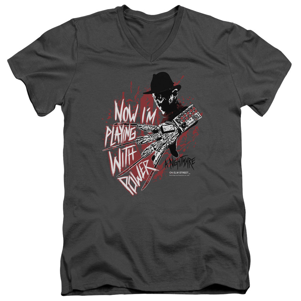 Nightmare On Elm Street Playing With Power Mens Slim Fit V-Neck T Shirt Charcoal Officially Licensed