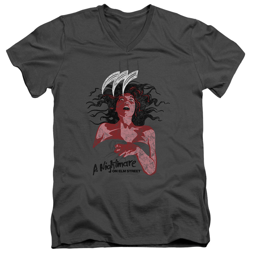 Nightmare On Elm Street Illustrated European Poster Mens Slim Fit V-Neck T Shirt Charcoal Officially Licensed