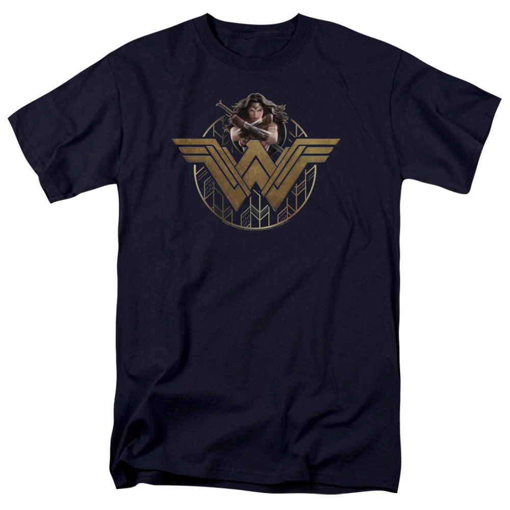 Wonder Woman Movie Power Stance And Emblem Mens T Shirt Navy Blue Officially Licensed