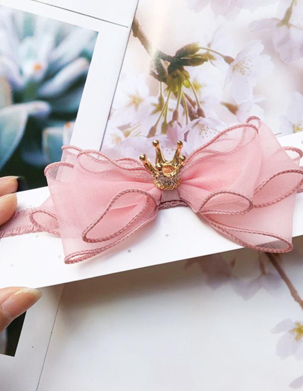 Luxury Modern Pearl Handmade Baby Girls Bowknot Crown Headband Lace Elastic Hair Band Bow For Girls Baby