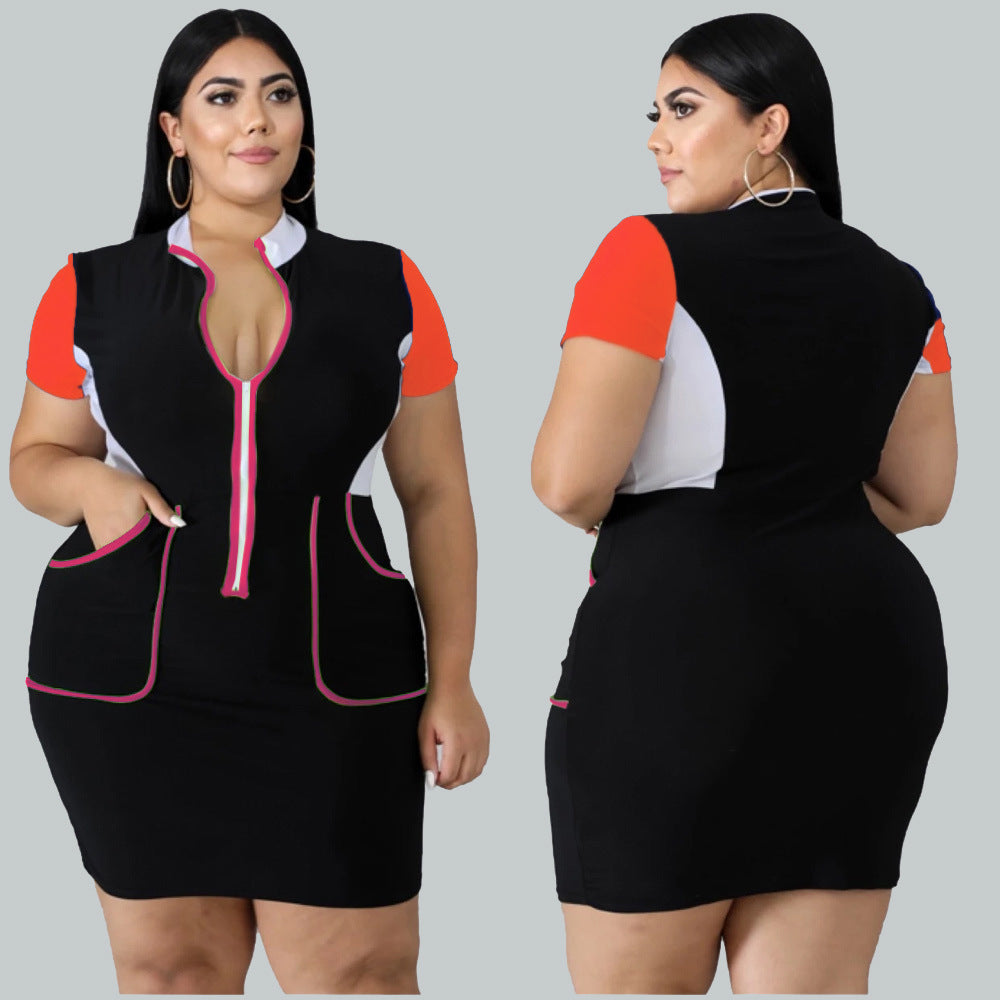 European And American Plus Size Women's Color Matching Dress