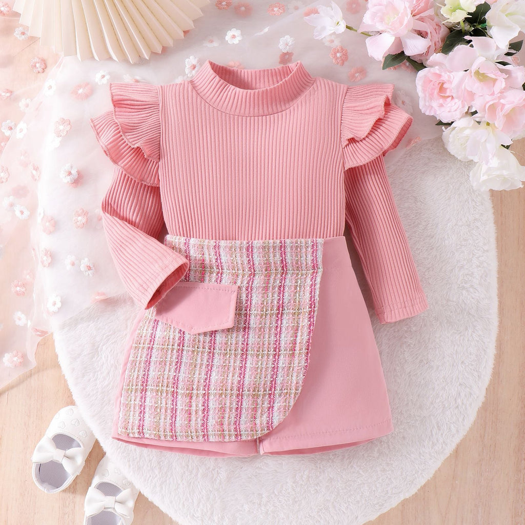 Trendy Style Girls' Skirt Set Solid Color Striped Long Sleeve Classic Style Culottes Two-piece Set
