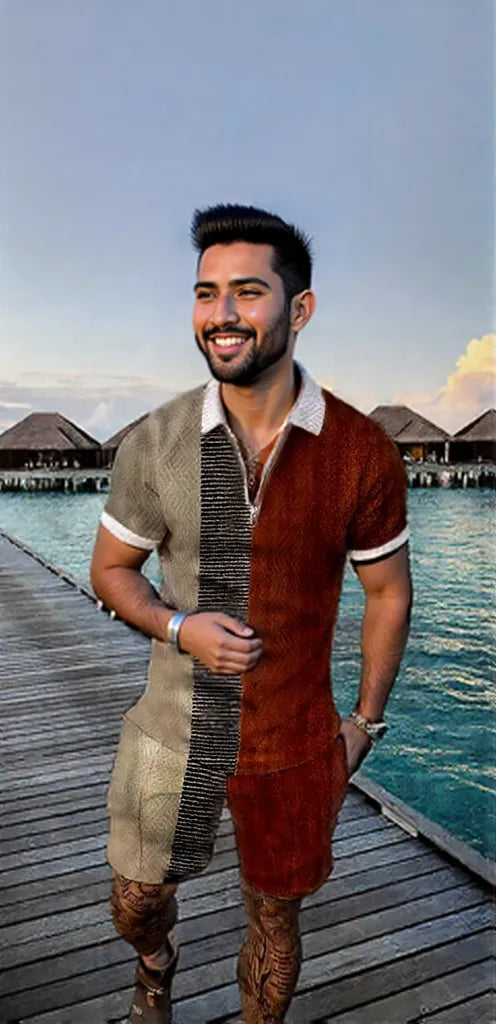 Men's Summer Fashion 3D Printed Short Sleeve Geometric Zip Lapel Shirt Set