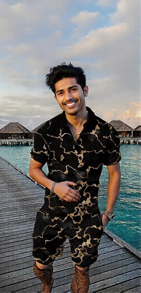 Men's Summer Fashion Short Sleeve black n gold Geometric Zip Lapel Shirt and short Set