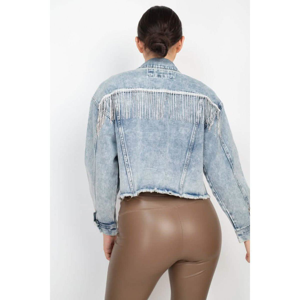 Accented Rhinestones Pocketed Denim Jacket