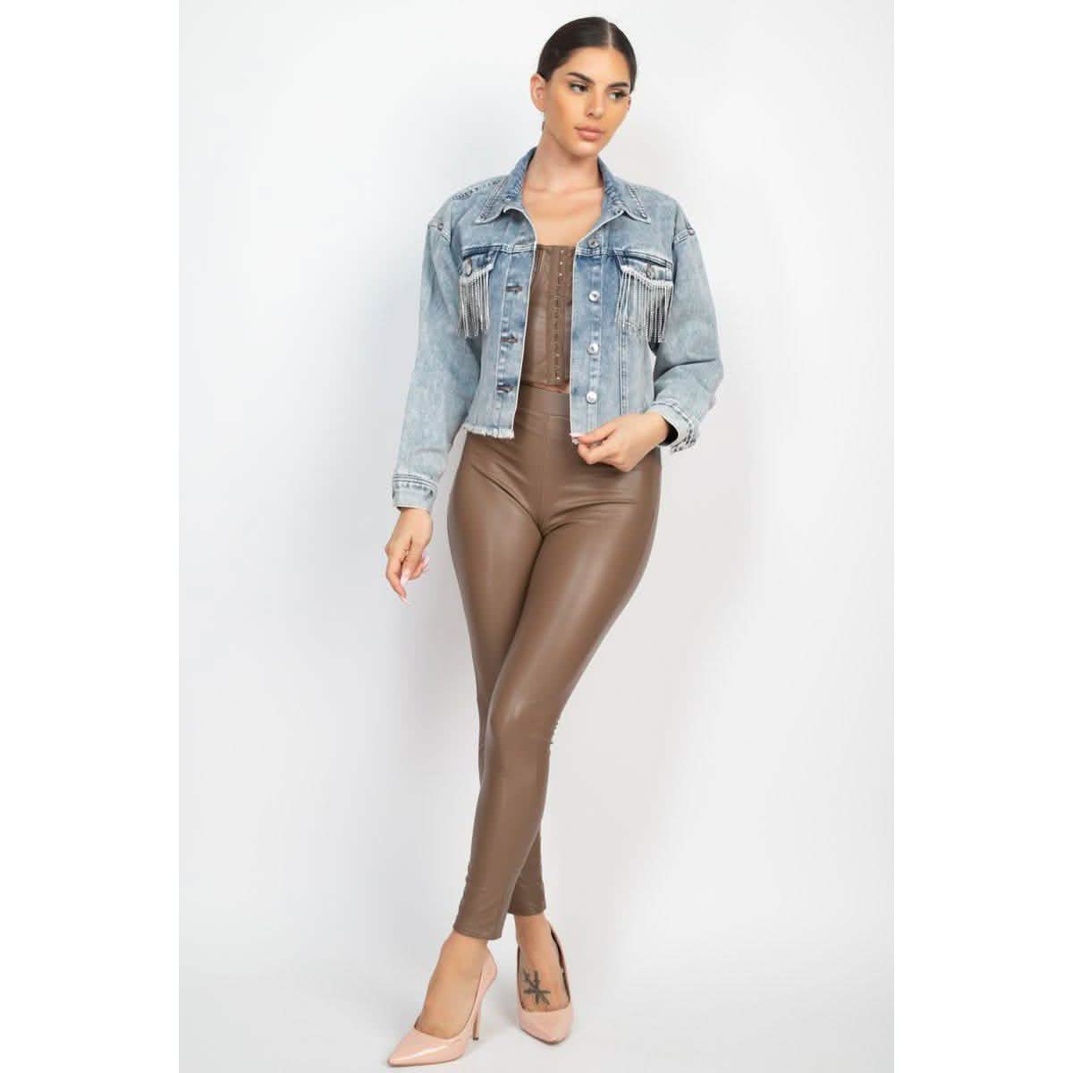 Accented Rhinestones Pocketed Denim Jacket