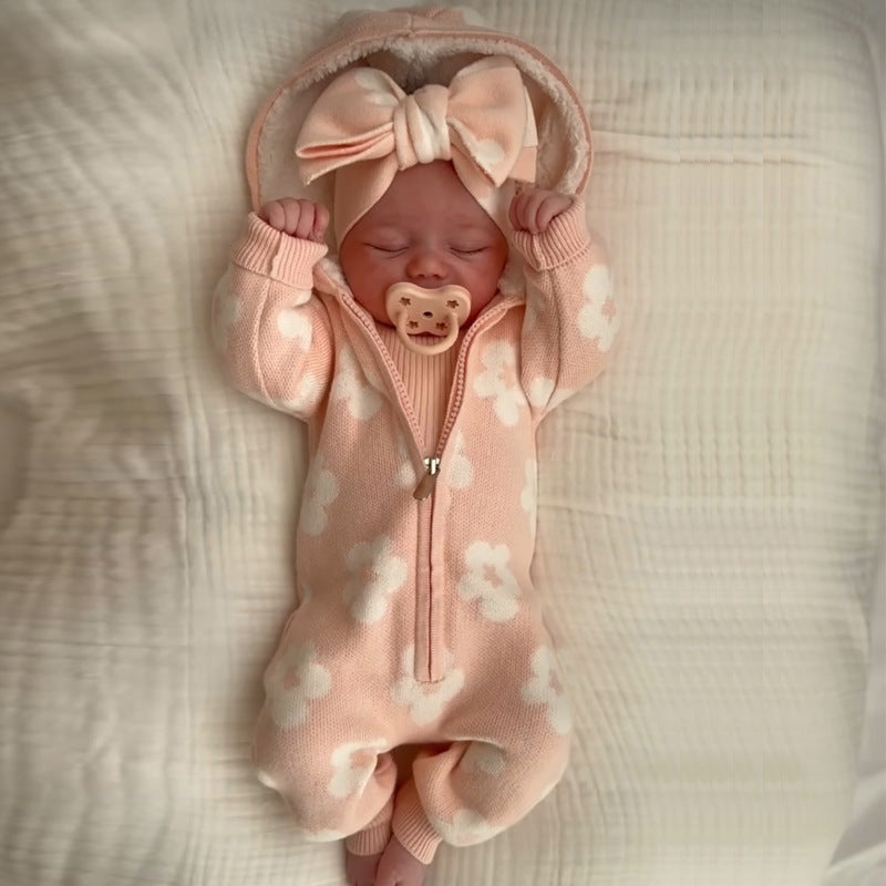 Baby Thickened Knitted Floral Zip-Up Hooded Onesie