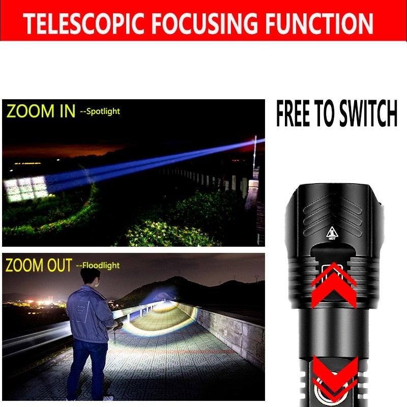 Adjustable Rechargeable Tactical Flashlight USB LED  Super Bright Zoomable IPX65 Waterproof Portable Torchlight Flash Lamp USB Charging For Hiking Camping Running Fishing