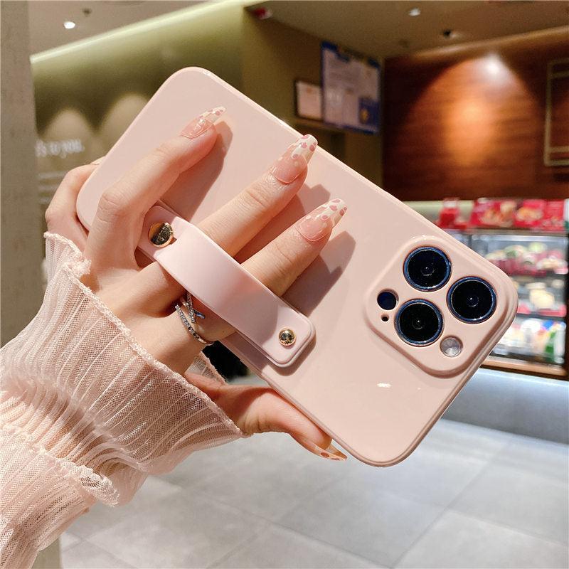 Adjustable Wrist Strap Stand Holder Case with Camera Protection Cute Solid Color Silicone Phone Case Phone Case For iPhone 13 14 Pro Max 12 11 XS Max XR 7 8 Plus 13Pro Soft Silicone Candy Color Back Cover