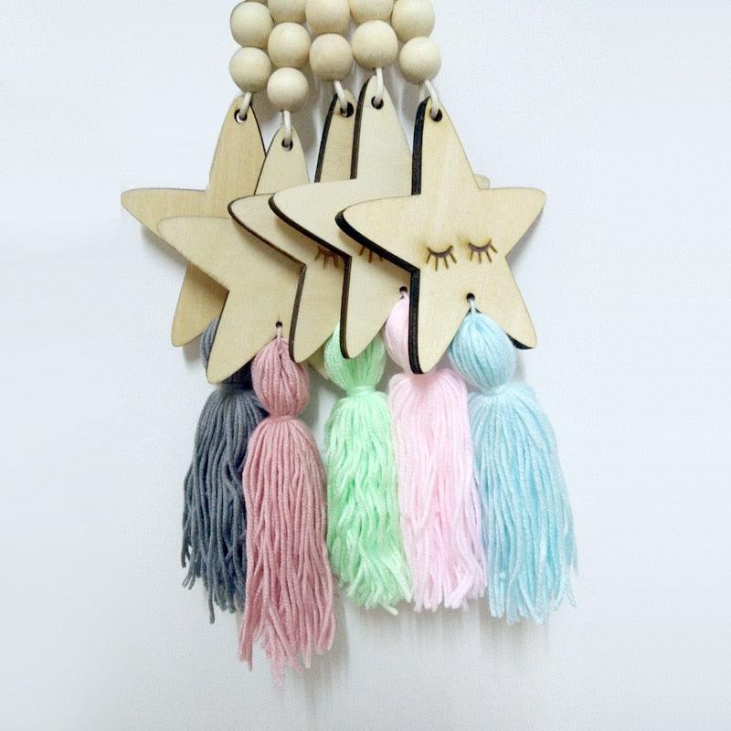 Adorable Sleepy Eye Eyelash Kids Room Decoration Crafts Wood  Wall Hanging Stars Decorative Beads Tassel Photography Props Gift For Kids Bedroom Decor Makeup Sticker For Girls Room Wall Art