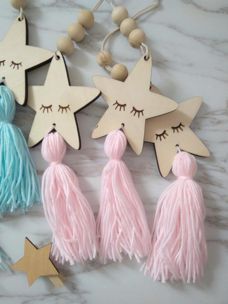 Adorable Sleepy Eye Eyelash Kids Room Decoration Crafts Wood  Wall Hanging Stars Decorative Beads Tassel Photography Props Gift For Kids Bedroom Decor Makeup Sticker For Girls Room Wall Art