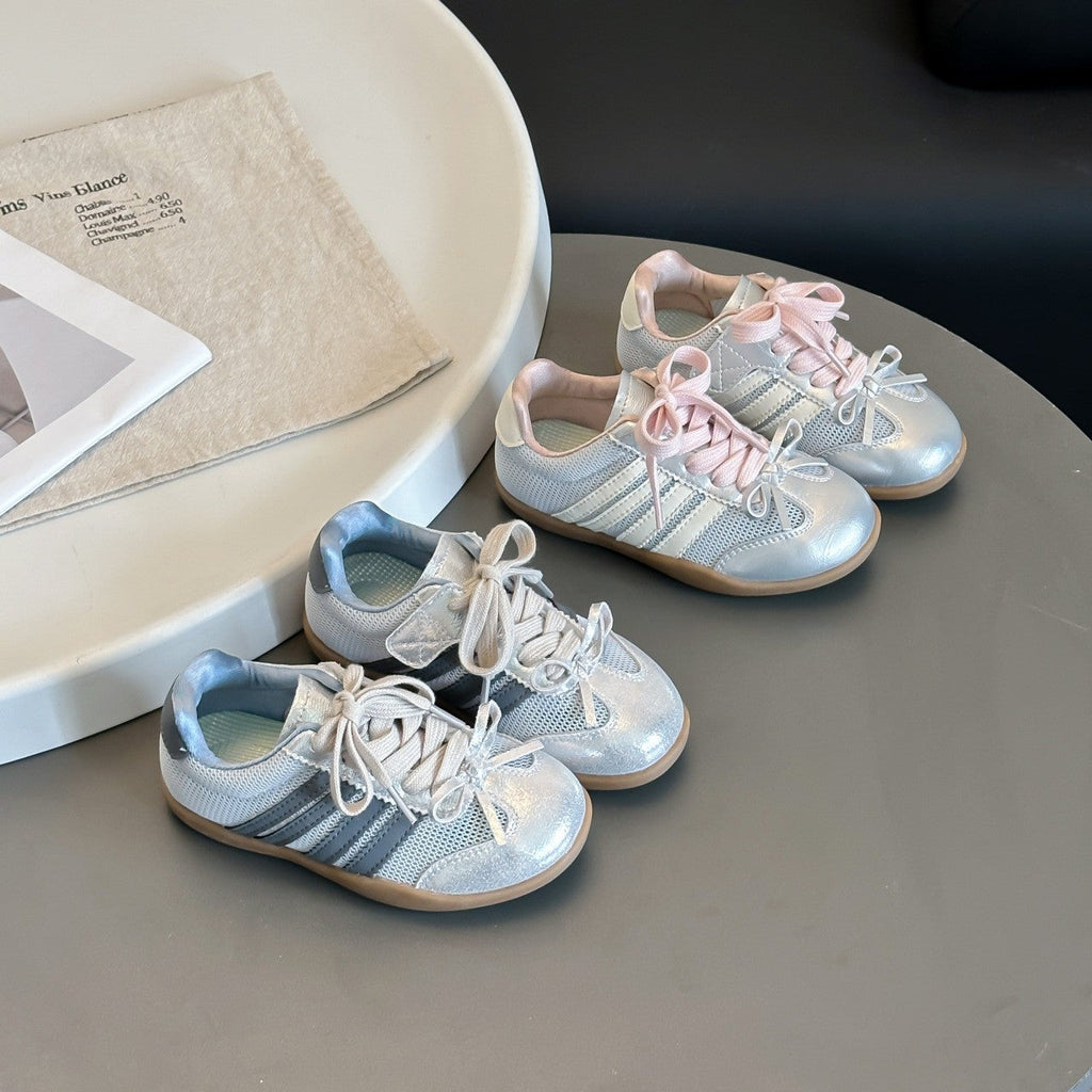 2026 Spring New Girls German Trainers, Korean Style Bow Decor Stylish Genuine Leather Thin Sole Kids Casual Sneakers