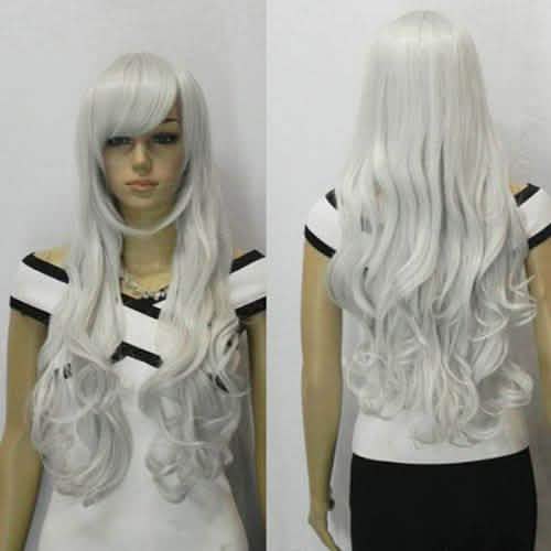 AGPTEK 33 Inch Heat Resistant Curly Wavy Long Silver Hair Wig