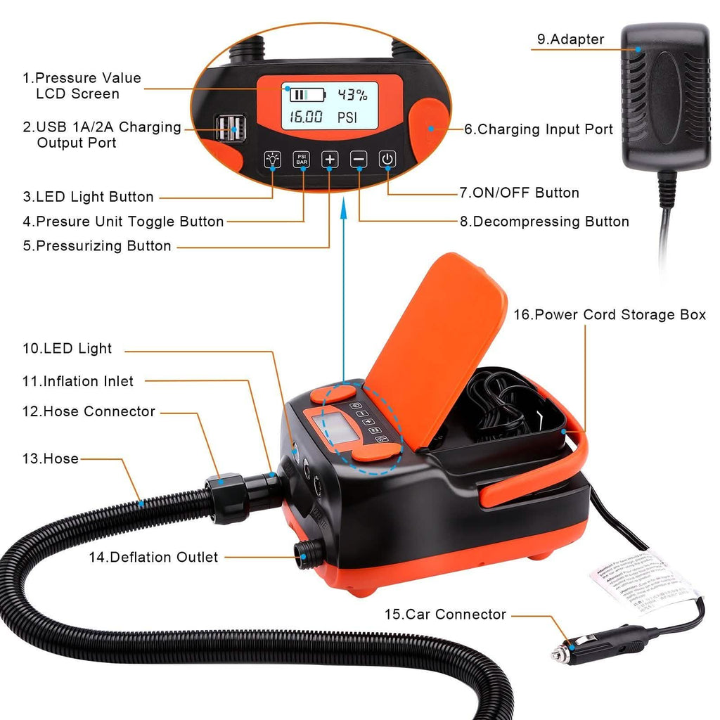 AGPtEK Electric Air Pump Digital 16PSI 12V Rechargeable SUP Electric Air Pump Compressor