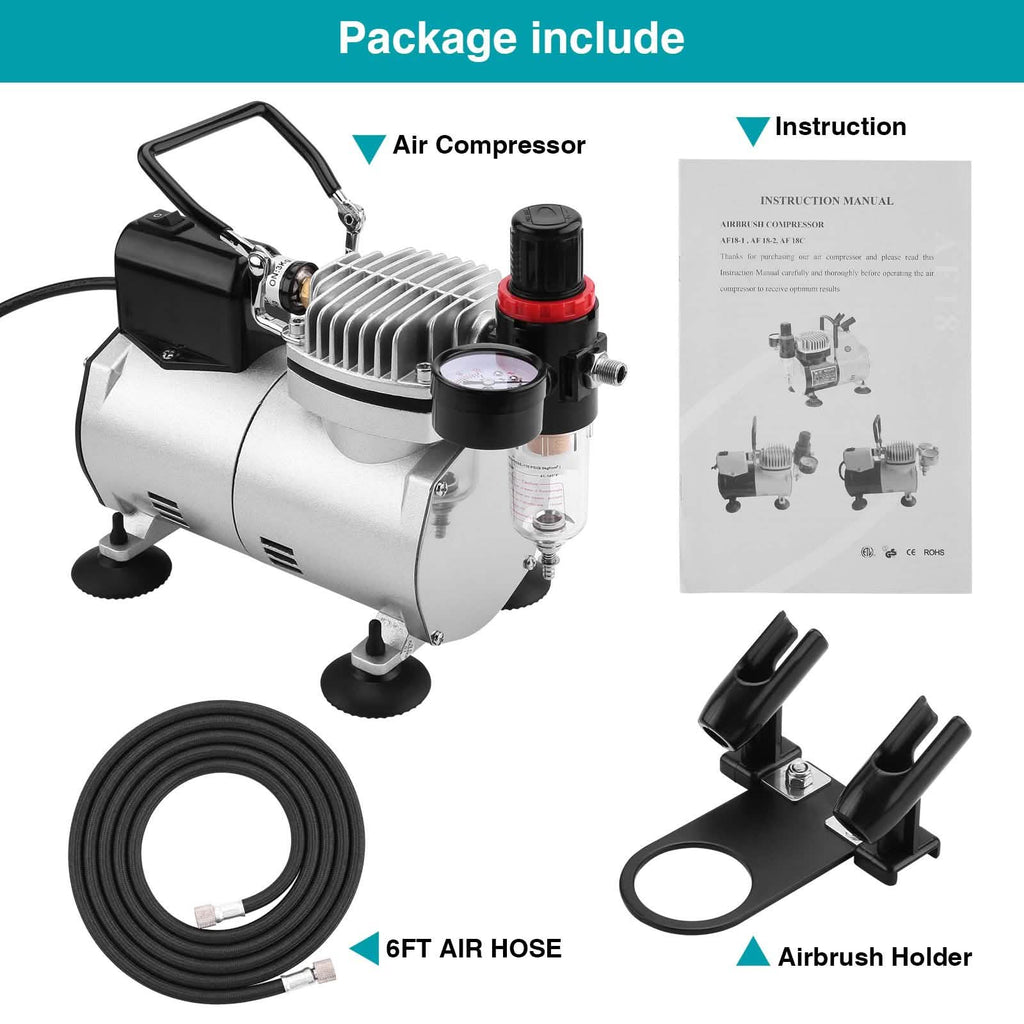 Airbrush Compressor Kit with 6ft Air Hose and Airbrush Holder