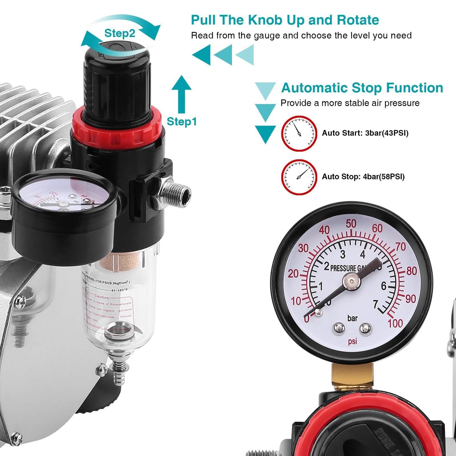 Airbrush Compressor Kit with 6ft Air Hose and Airbrush Holder