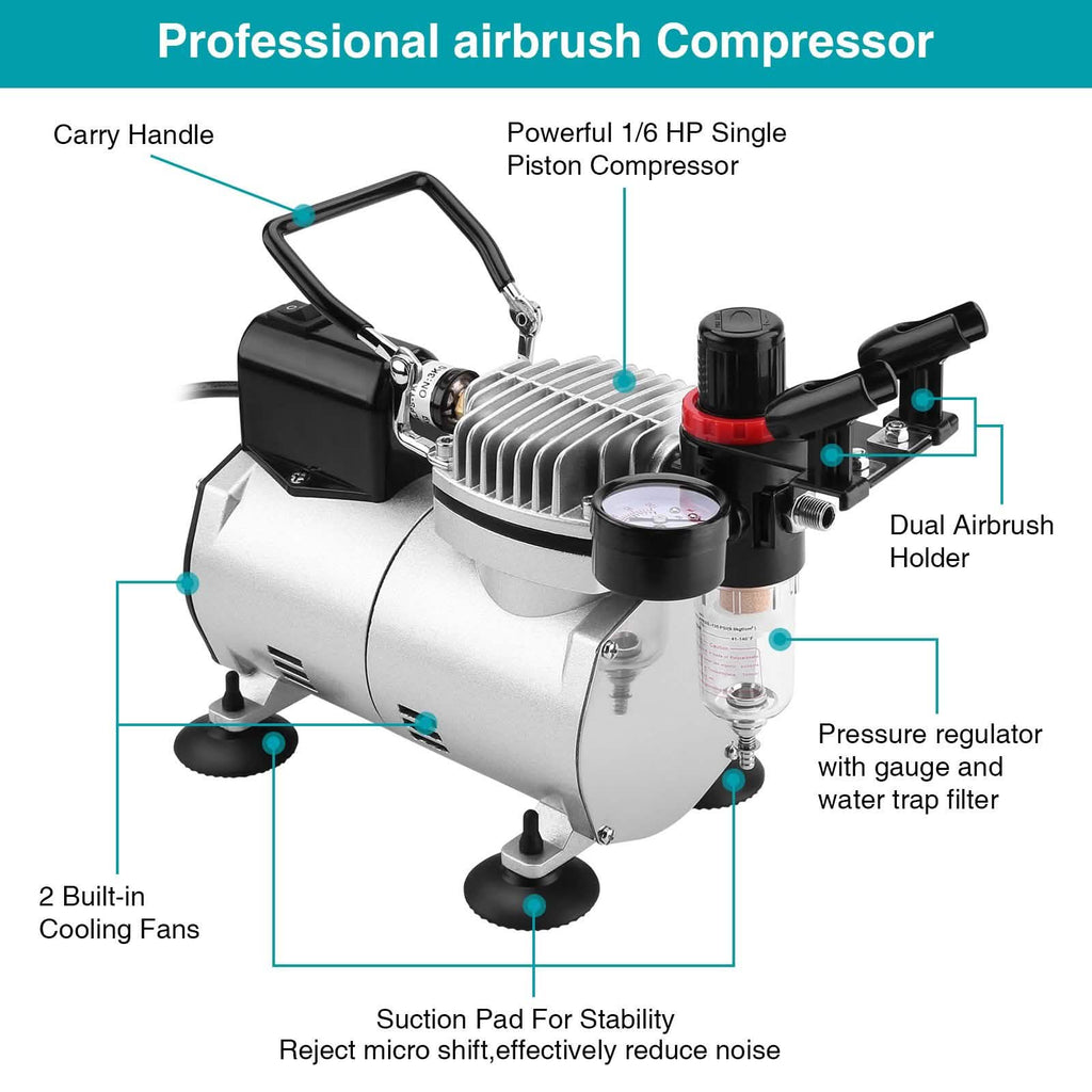 Airbrush Compressor Kit with 6ft Air Hose and Airbrush Holder