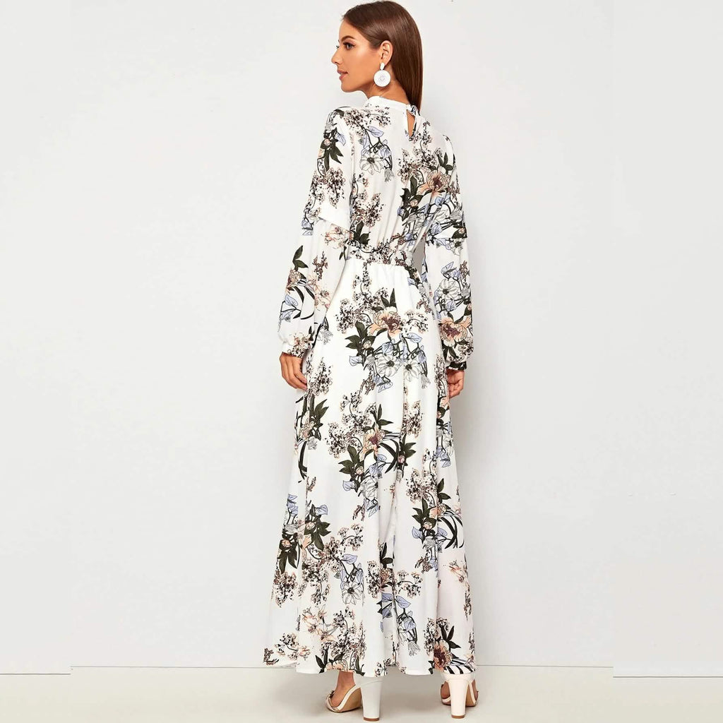 Allover Floral Print Self Tie Swing Maxi Dress